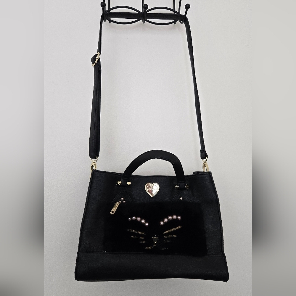Betsey Johnson Kitch Cat Kitty Tote Shoulder Hand Bag Black EUC - Picture 2 of 8